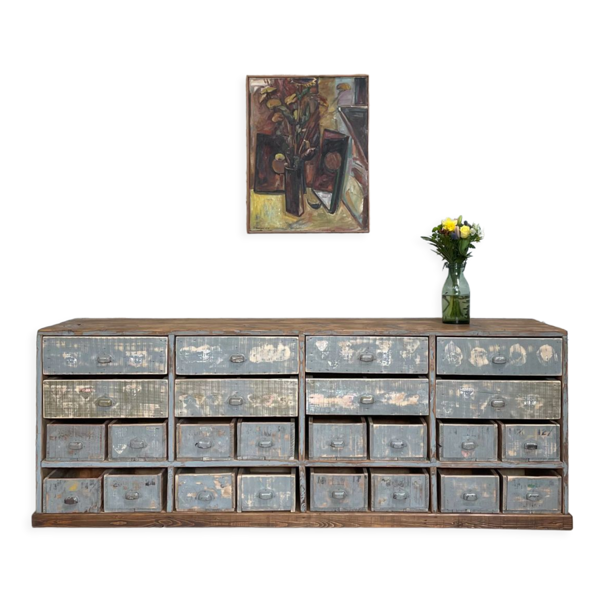 Artisanal workshop bank in patinated wood, circa 1950.