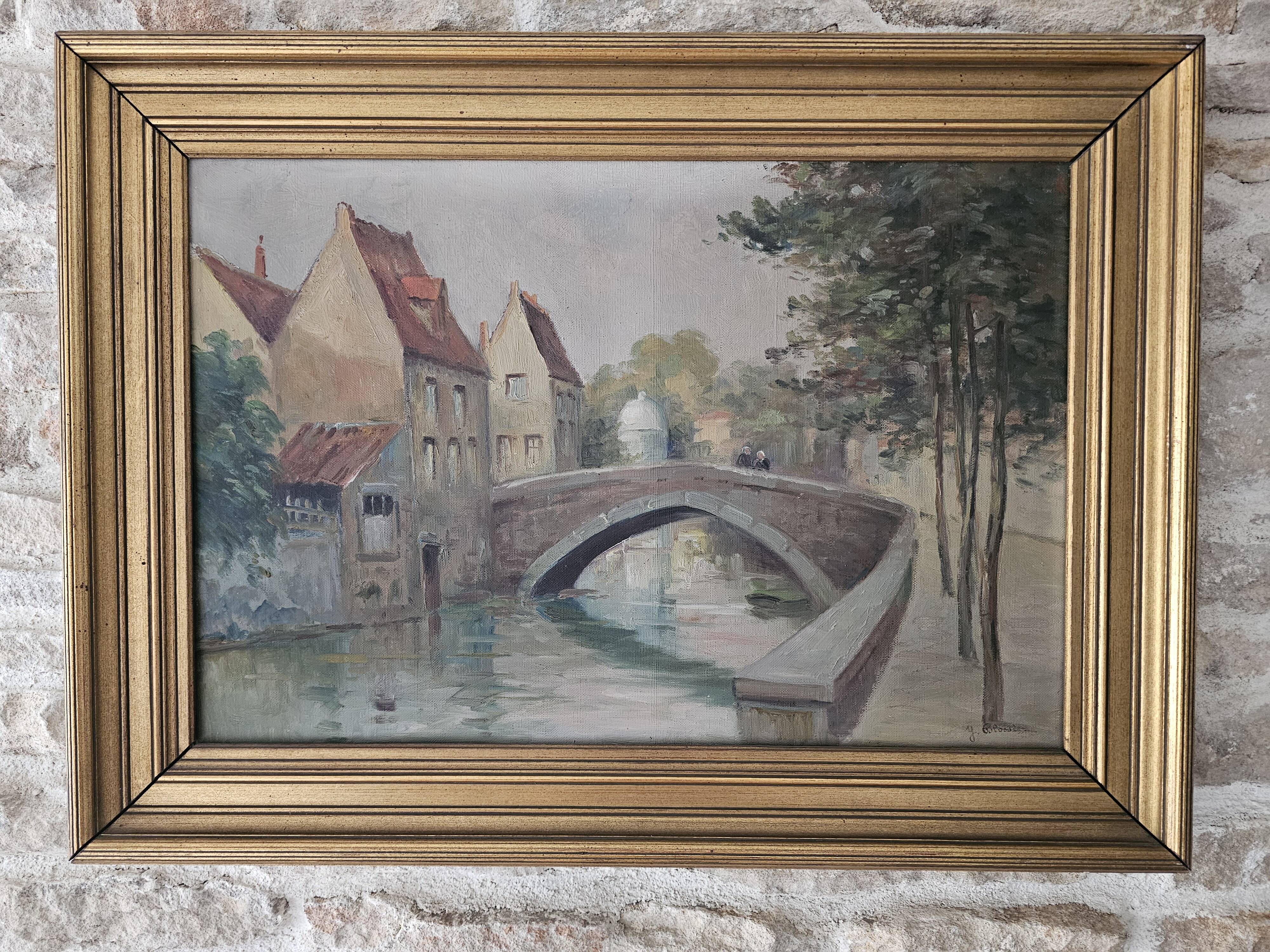Oil on Canvas Landscape The Old Canals of Bruges - Signed Glossier