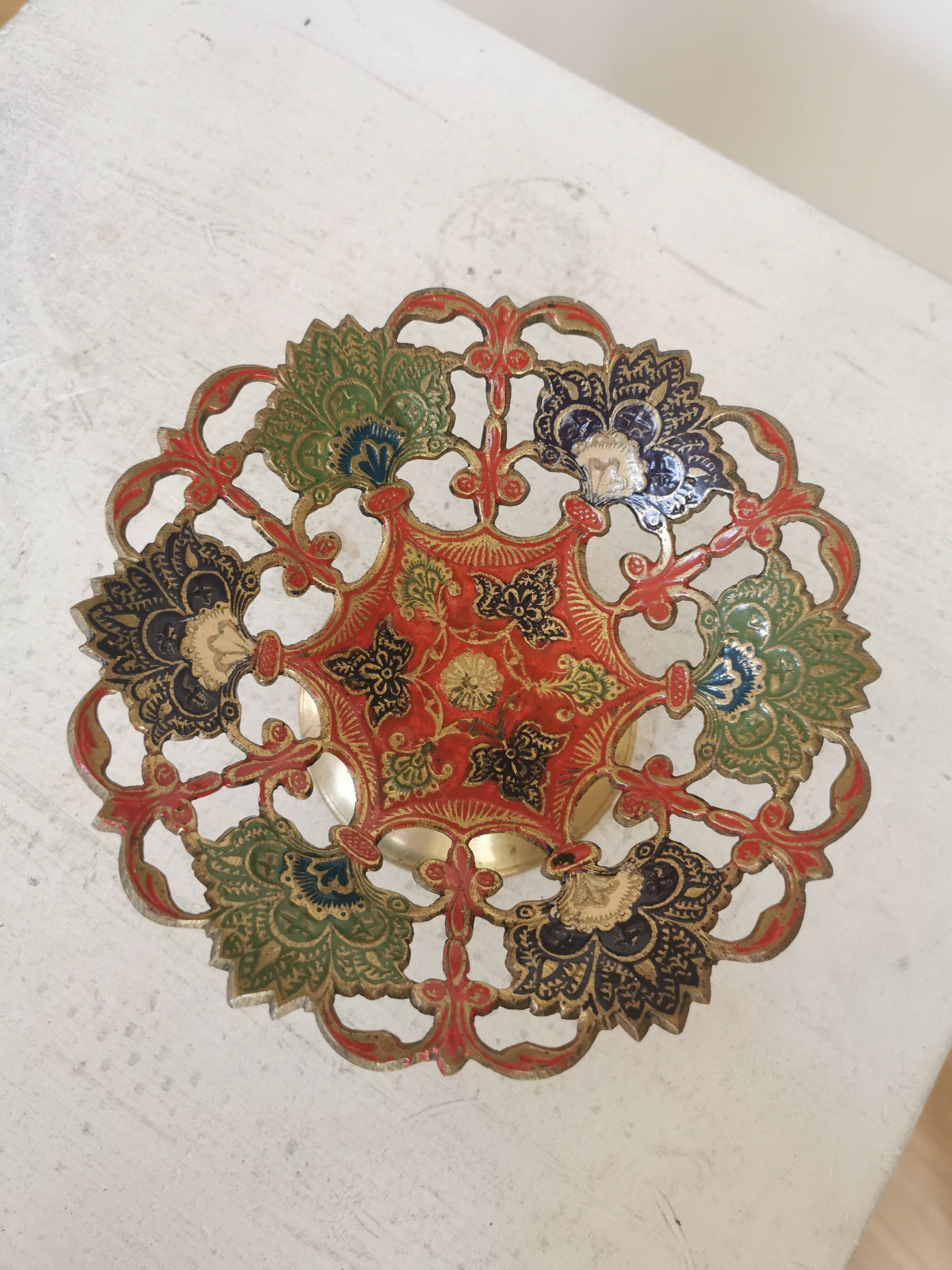 Vintage Brass Pedestal Bowl: Floral Motif, Red Blue Green Painted