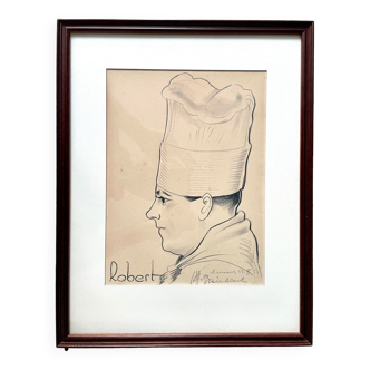 Portrait au fusain d’un chef de cuisine daté de 1935