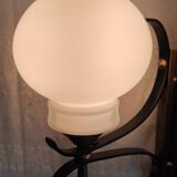 Opaline double globe wall lamp, wrought iron and brass - 50s/60s