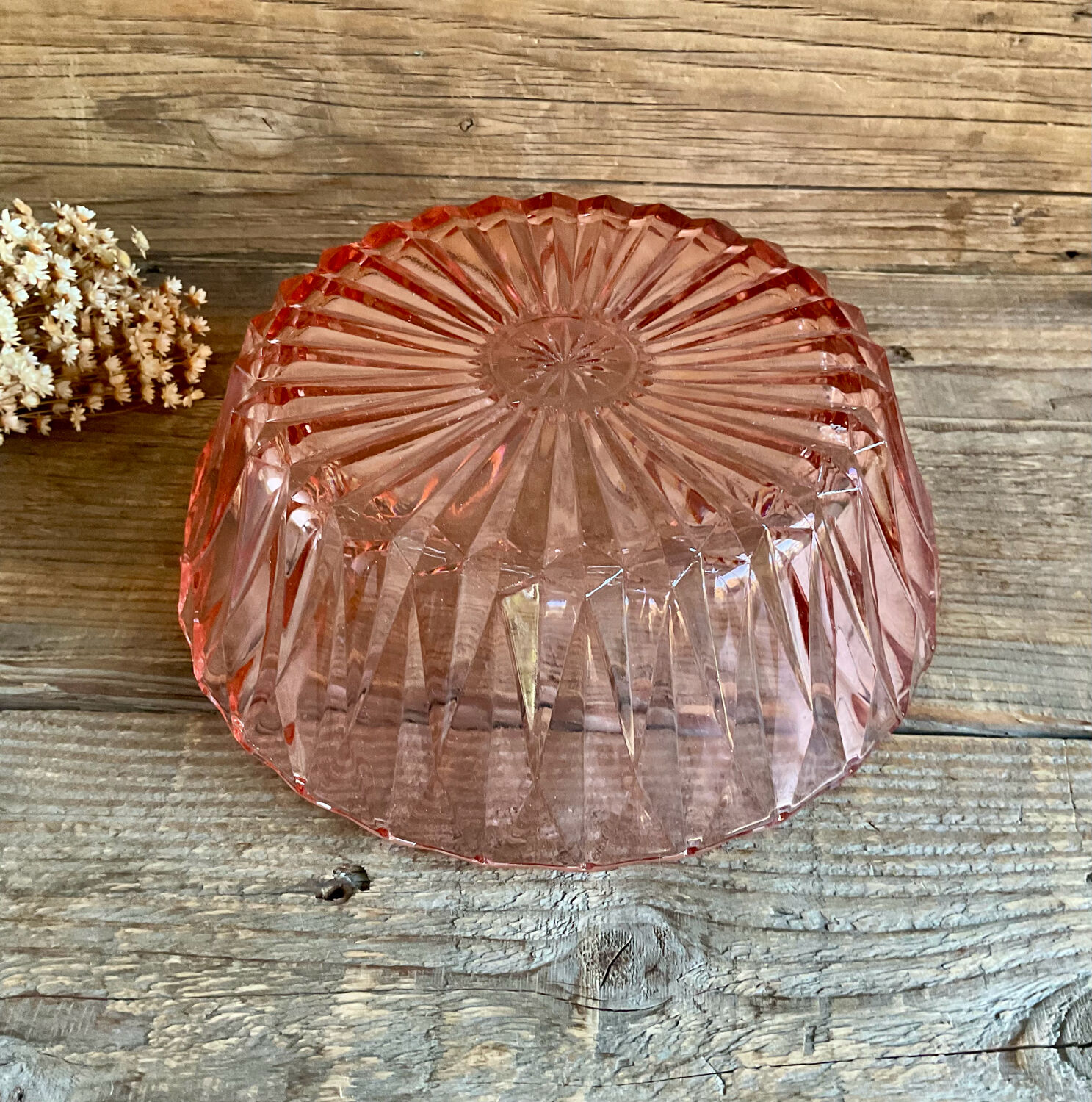 Cut glass salad bowl in pink glass