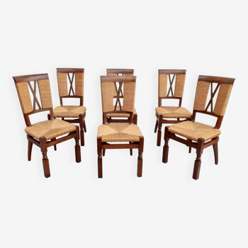 Victor Courtray (1896-1987), 6 chaises paillées "néo-basques" Art Déco années 1940 TBE