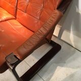 Wooden and ochre leather sofa