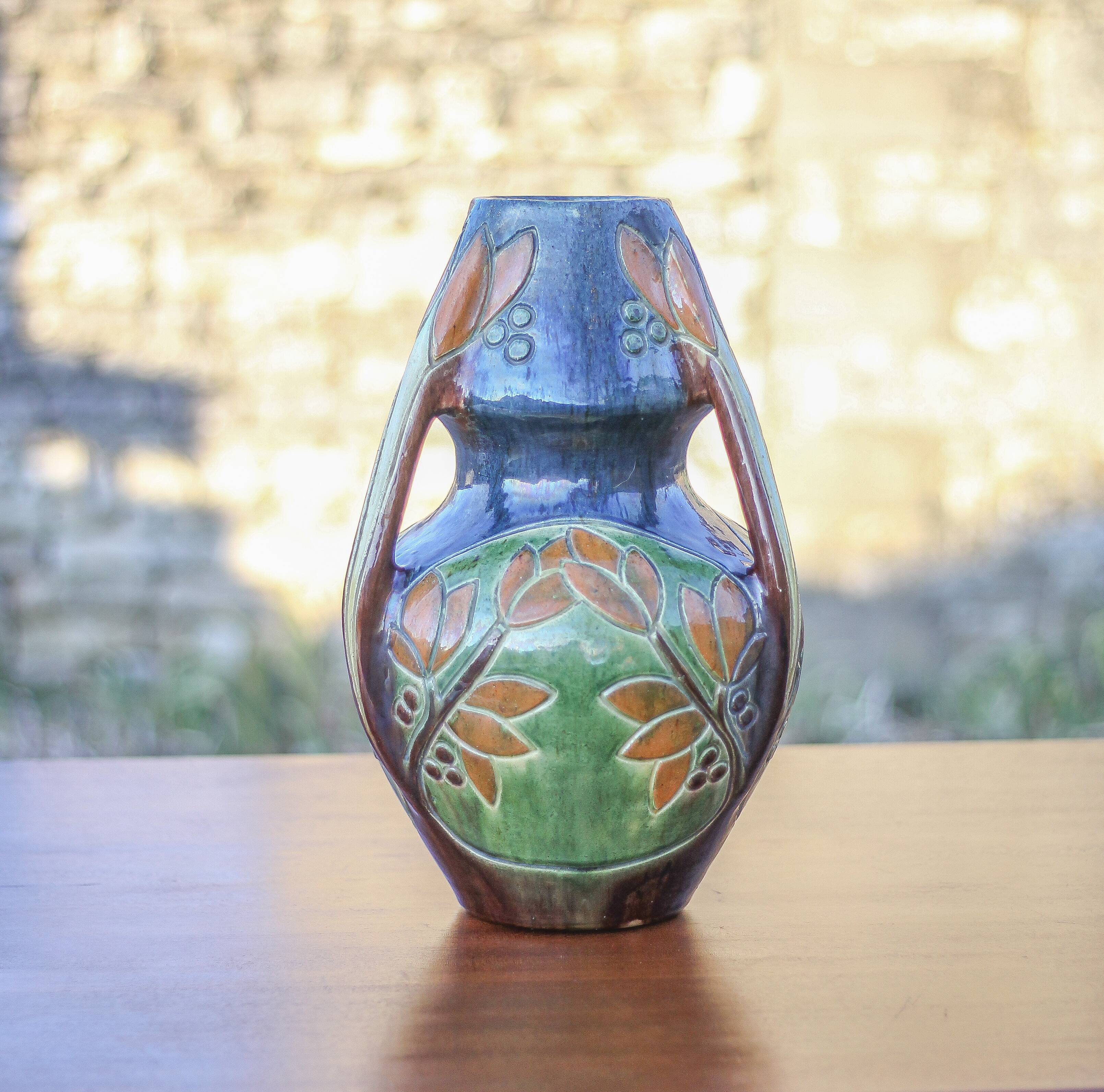 Large Art Deco vase, enamelled terracotta vase with floral motifs, Vase with tripod handles, Art Nouveau