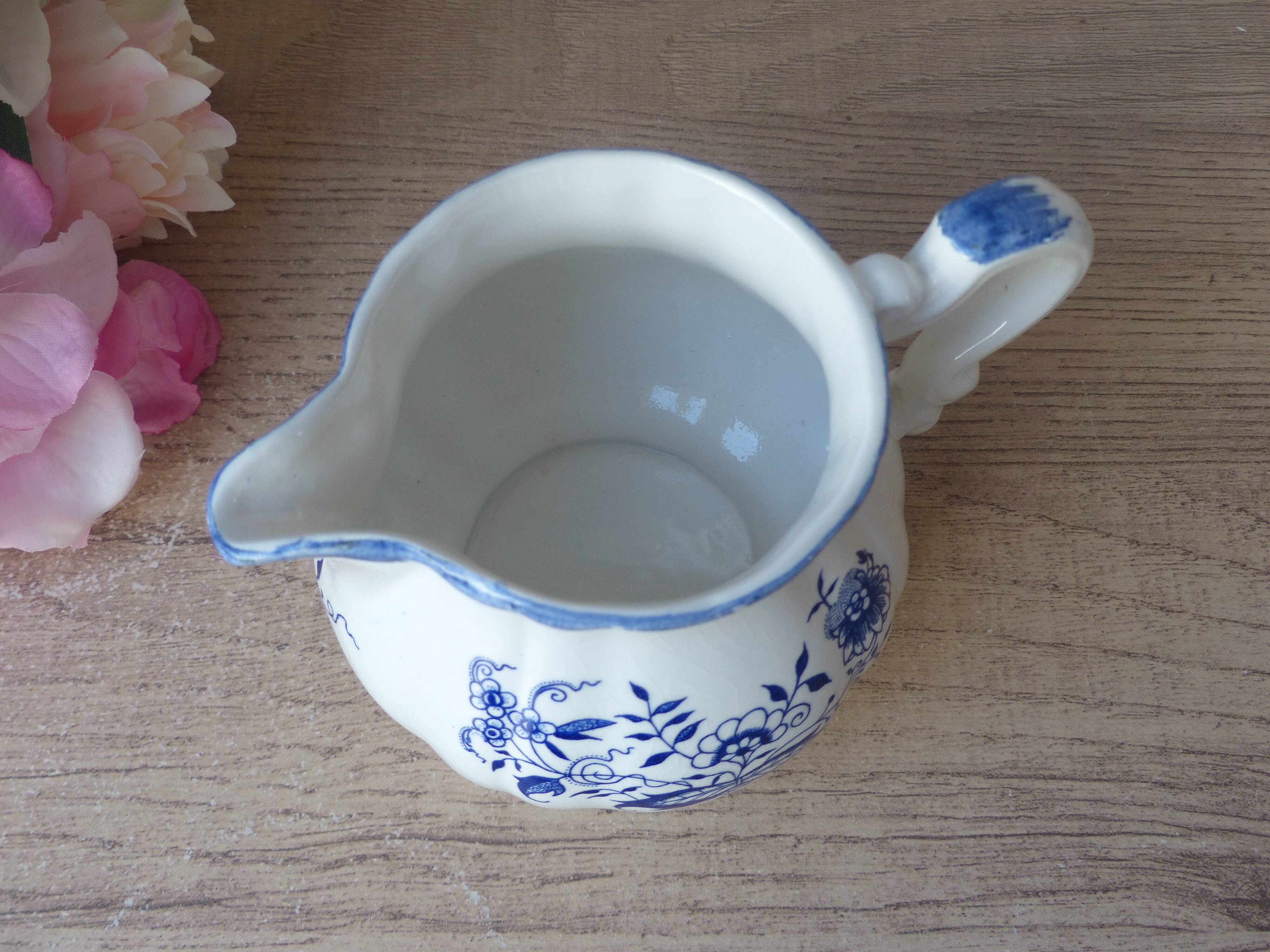 Old Milk Jug, Creamer, Jug, Sarraguemines Lancaster Vintage Blue Flowers Decor