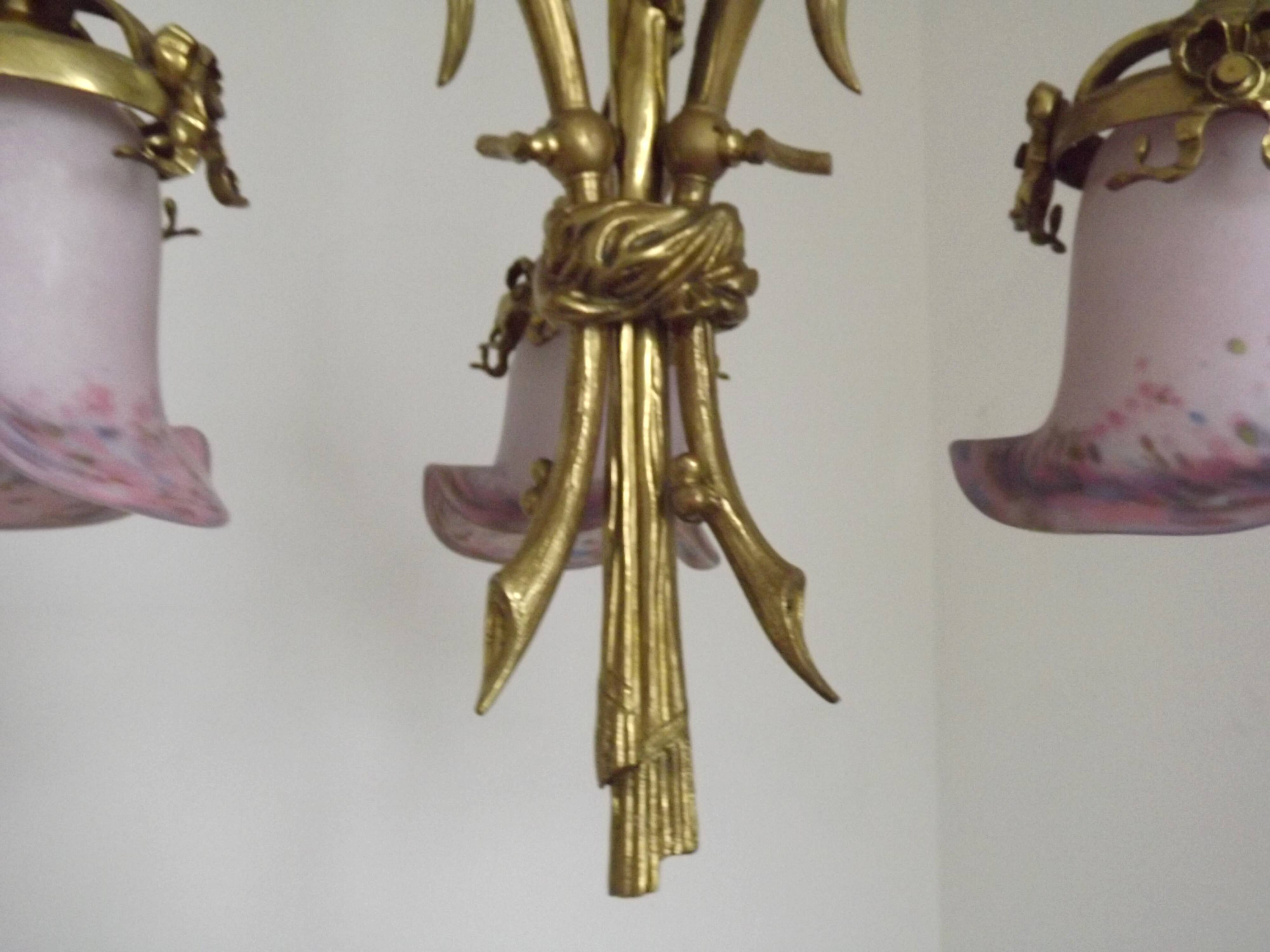 French Antique Late 1800s 3-Light Gilt Bronze Chandelier Art Glass Shades 5089