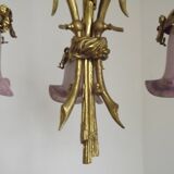 Lustre à 3 lumières en bronze doré, abat-jour en verre d'art 5089