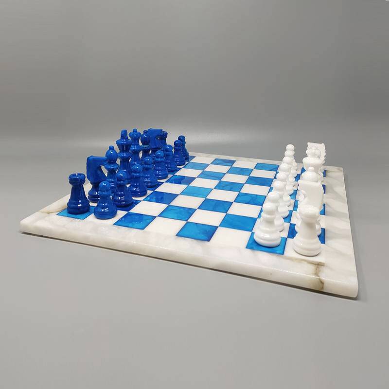 1970s Gorgeous Sky Blue and White Chess Set in Volterra Alabaster Handmade.