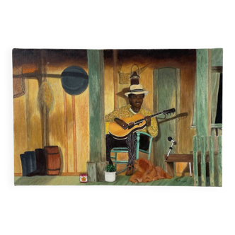 Painting of a guitarist signed Pinson