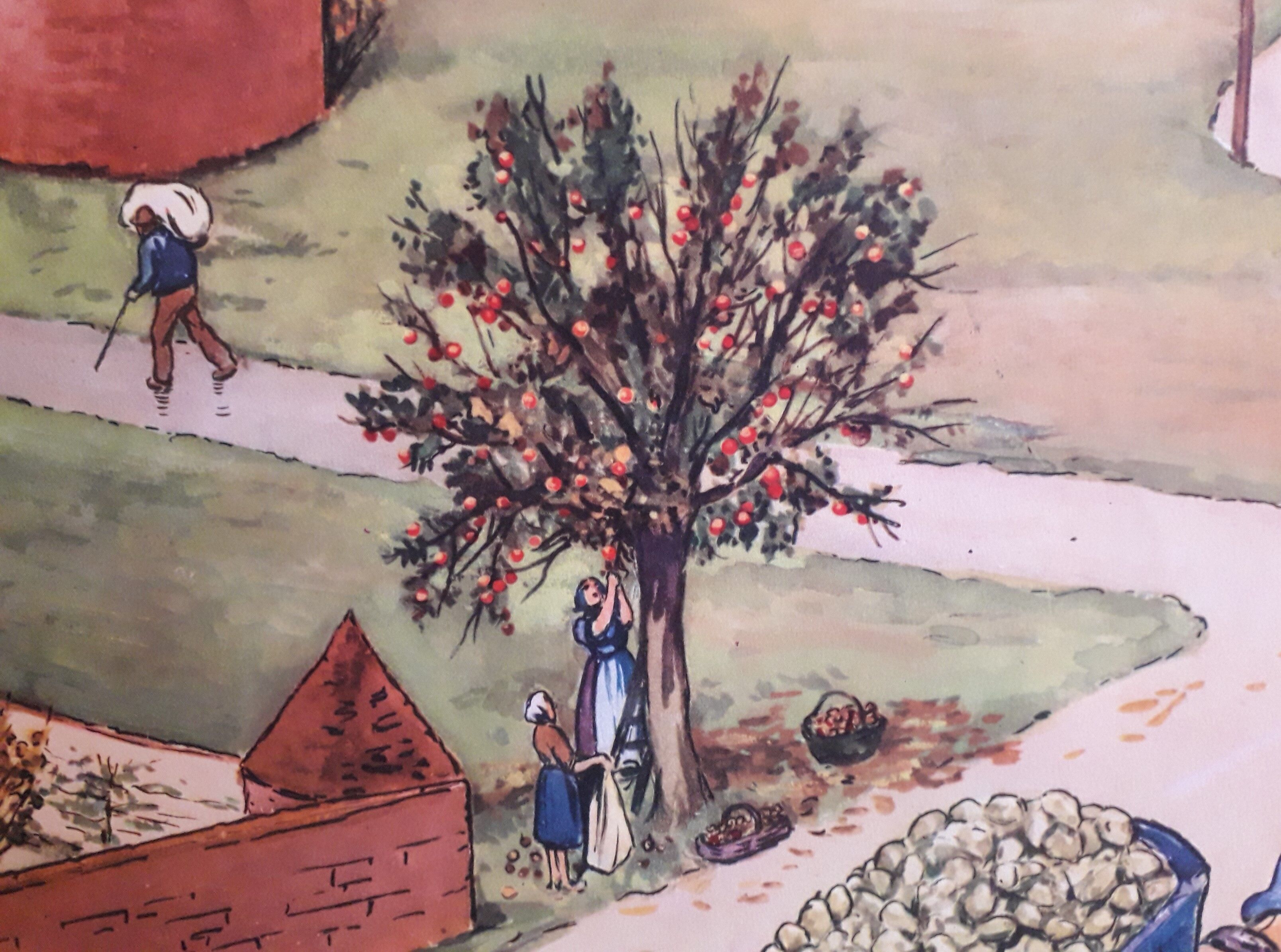 50s school poster Rossignol collection, autumn-the village plan