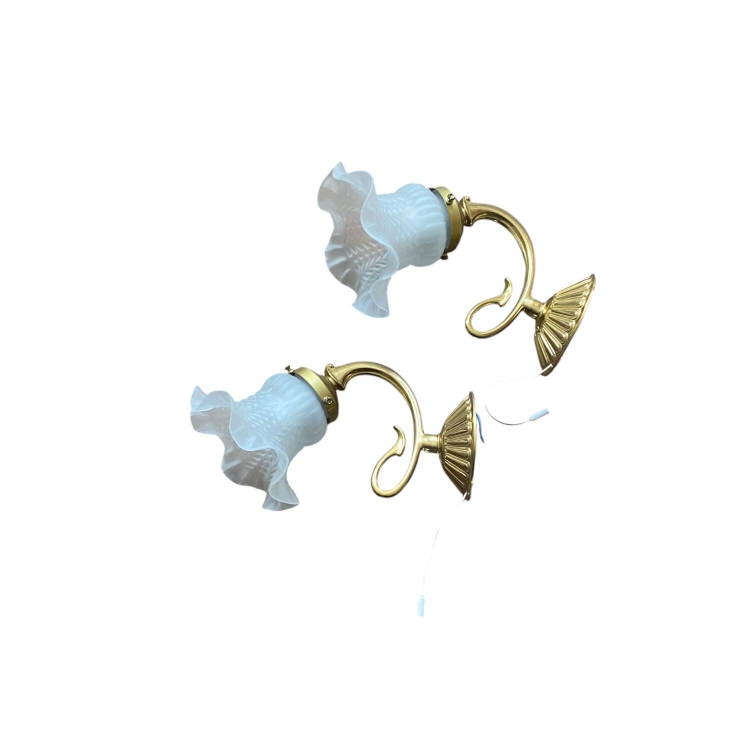 Pair of antique wall sconces with swan neck in brass, glass tulip.