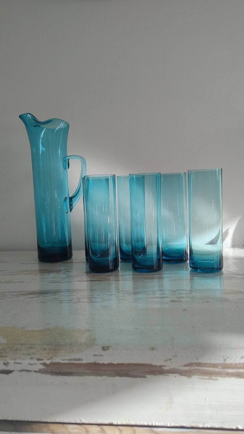 Vintage blue glass water service – carafe + 6 glasses