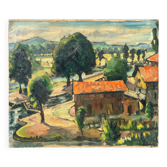 HST painting "Landscape with a river" signed early 20th century