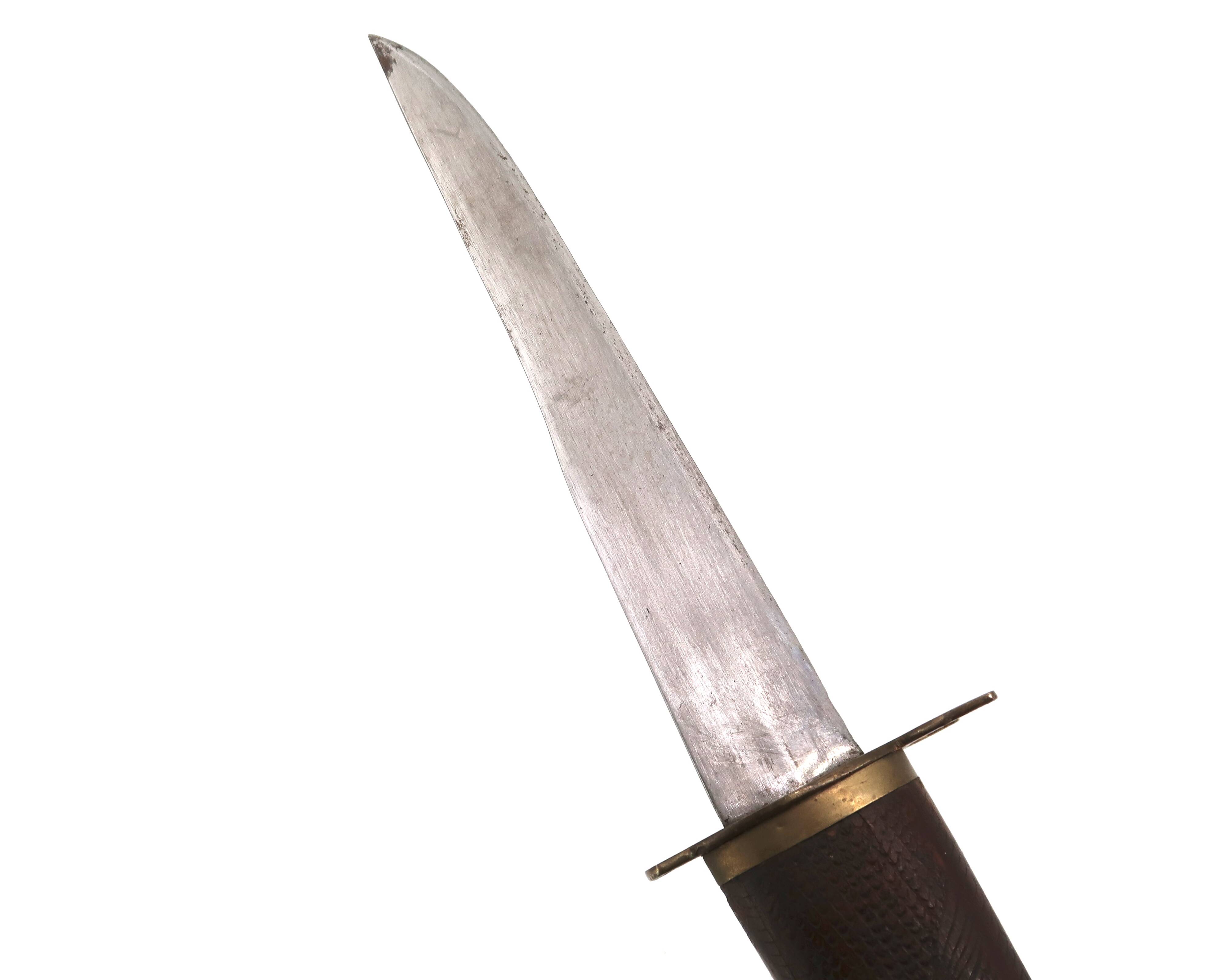 Fish knife and fork with a wooden and brass sheath sculpture.