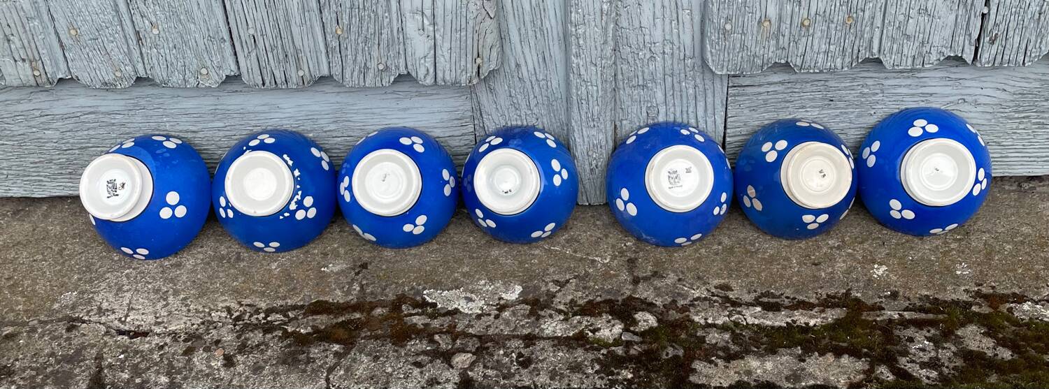 7 mini coffee bowls with blue polka dot decoration