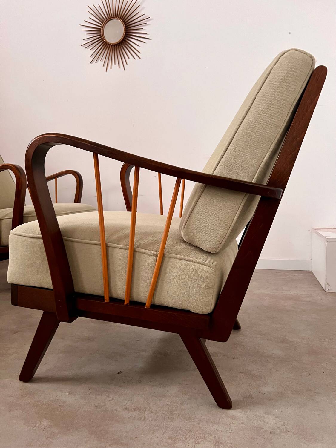 Set 2 old designer fireside chairs from the 50s wood and vintage fabric