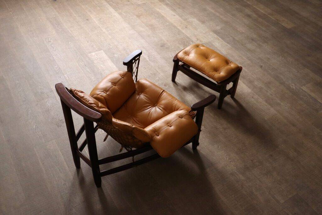 Jangada lounge chair with ottoman in cognac leather by Jean Gillon, Brazil, 1960s