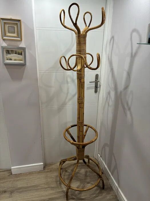 Vintage Italian Bamboo Rattan Coat Stand 1970s