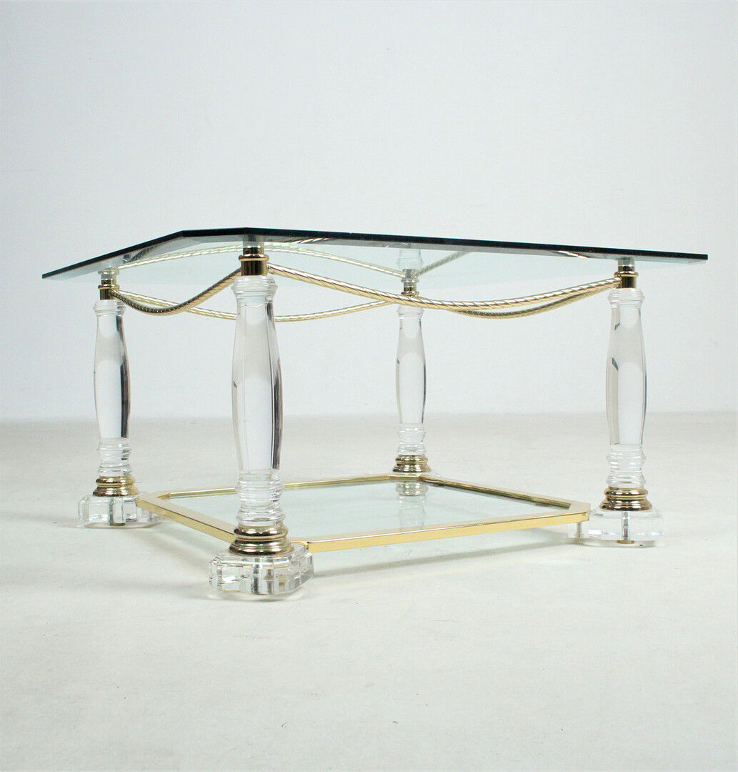 Hollywood regency vintage coffee table in brass & glass 1970s