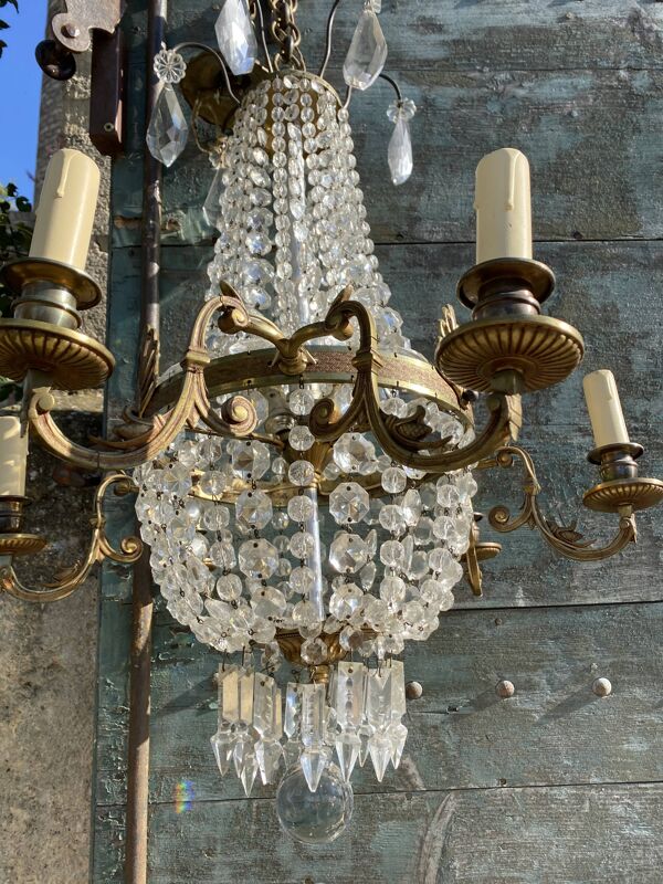 Lustre montgolfière bronze et cristal