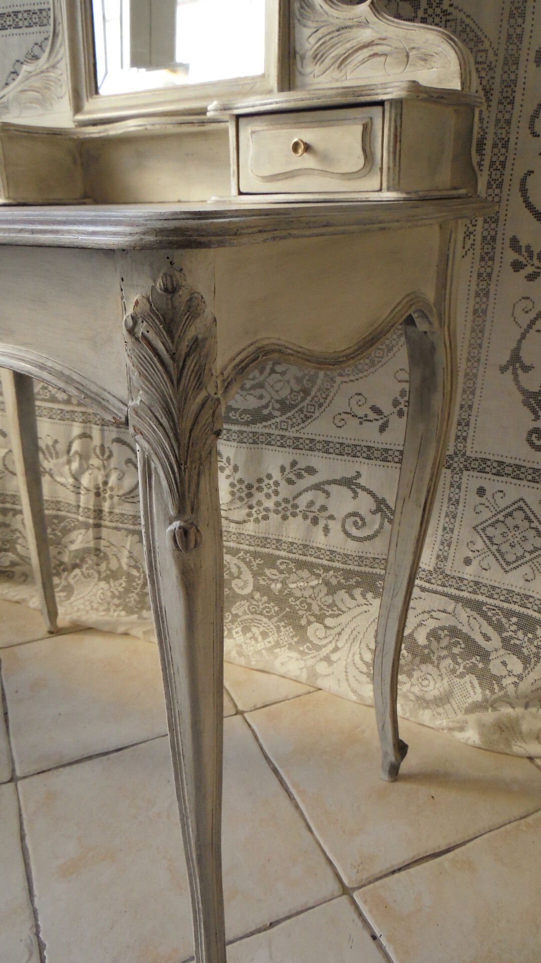 Former white grey patina hairdresser mirror table 2 Shabby chic drawer