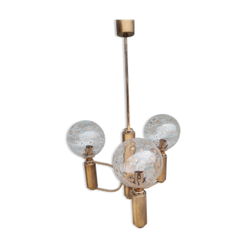Brass and blown glass chandelier inlaid with gold