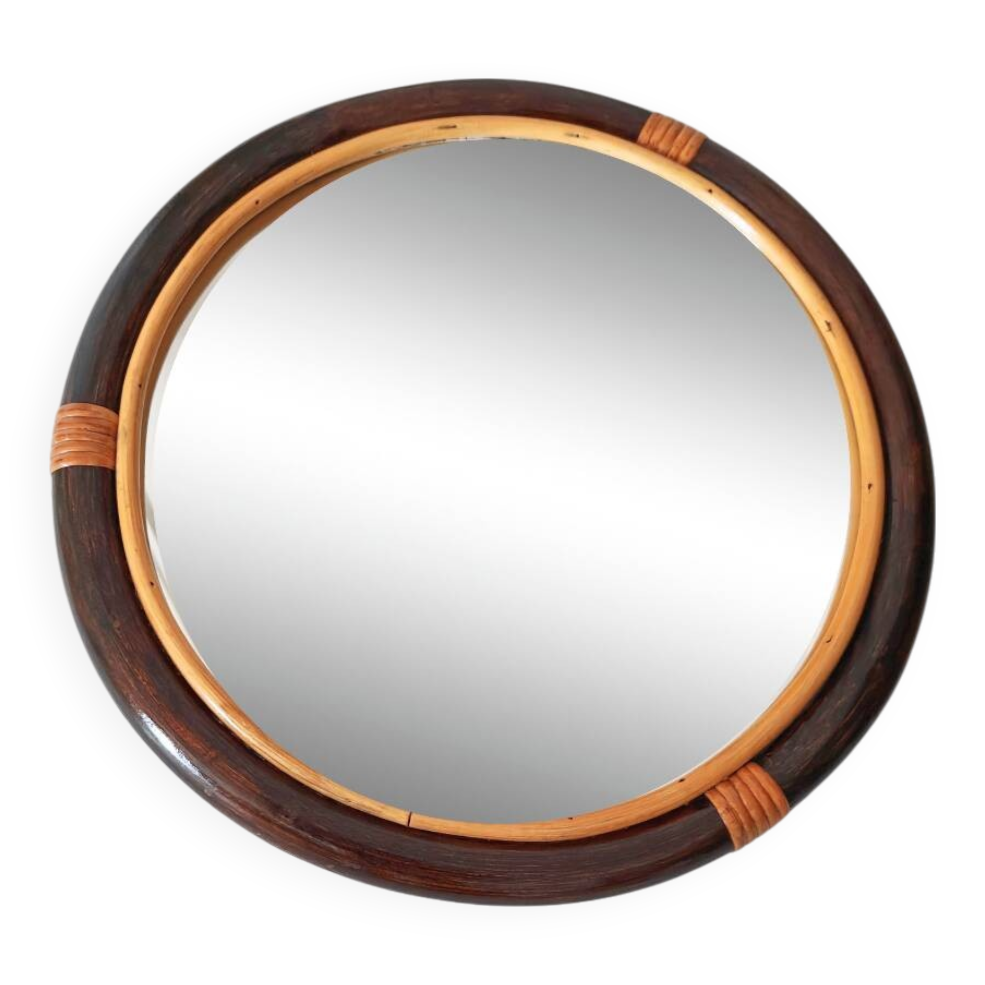 Miroir rond en bambou des années 1970