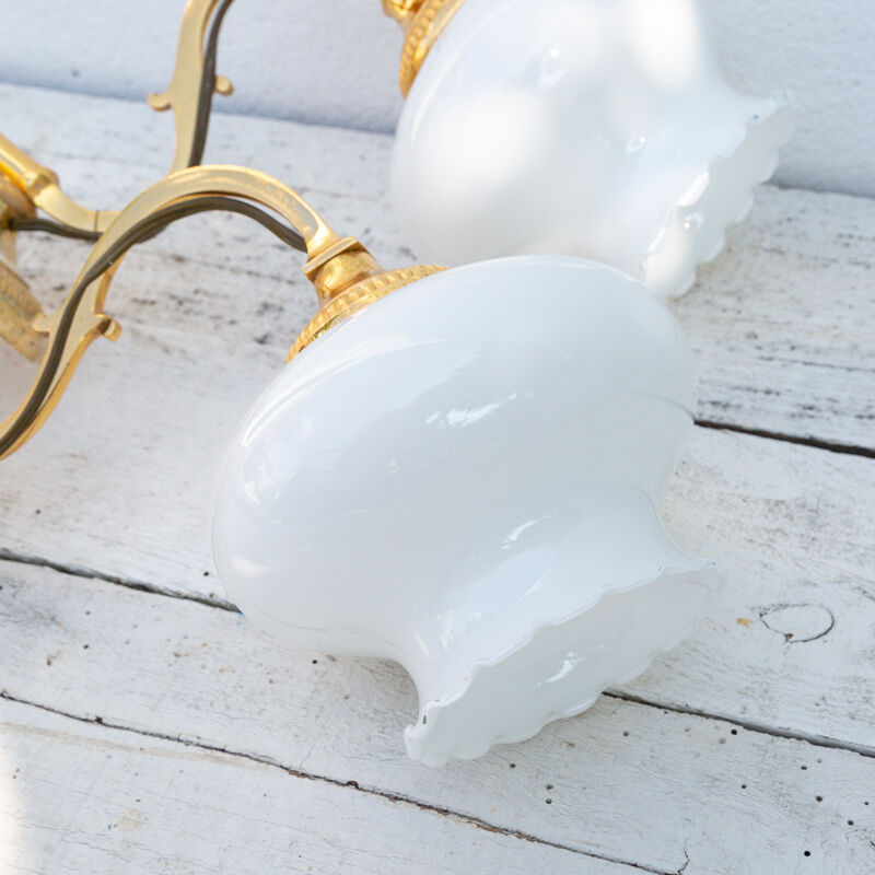 2 wall sconces golden metal gooseneck and opaline lampshade