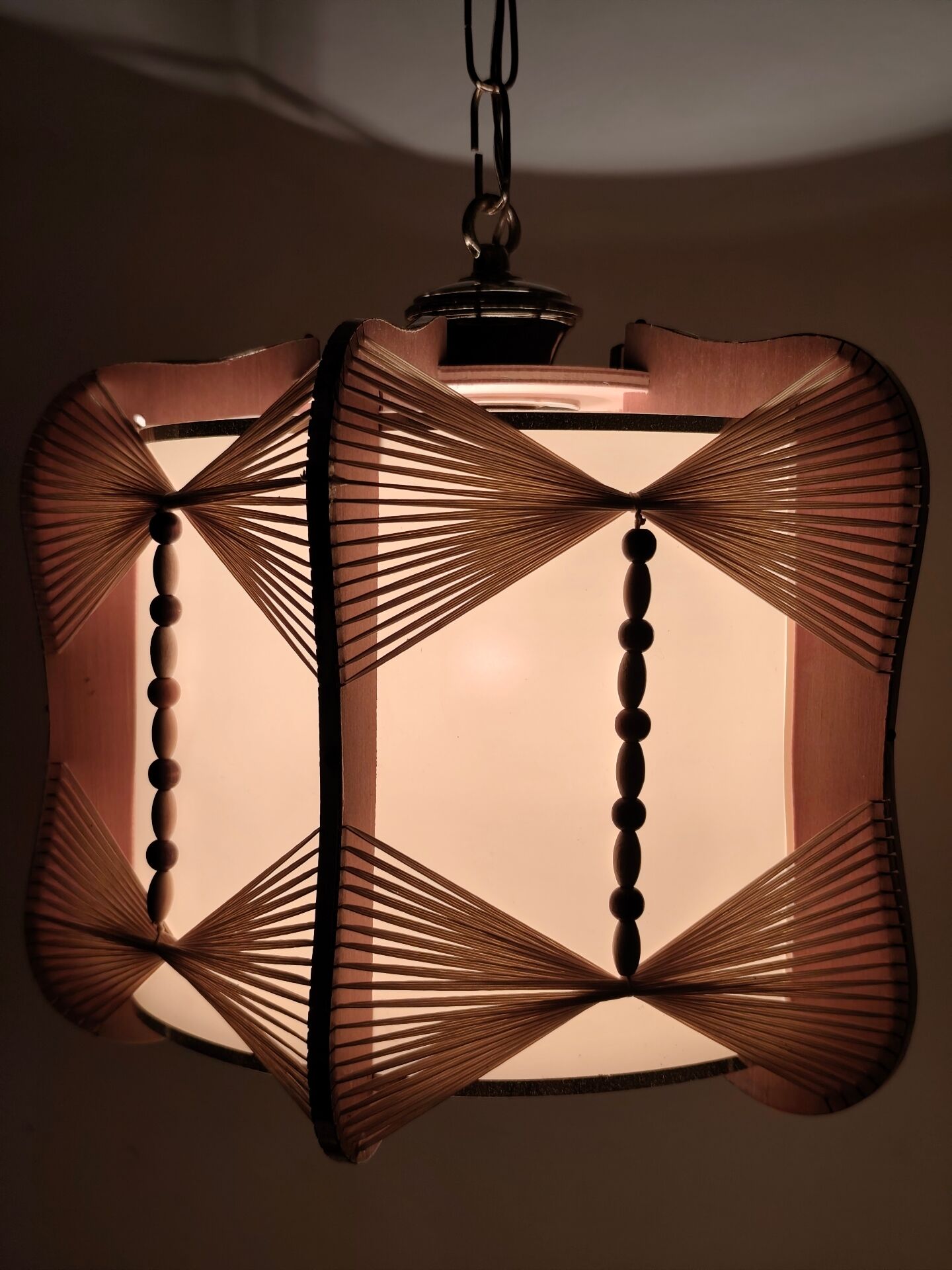 Raffia and wood ceiling lamp. Spain, 1970s.