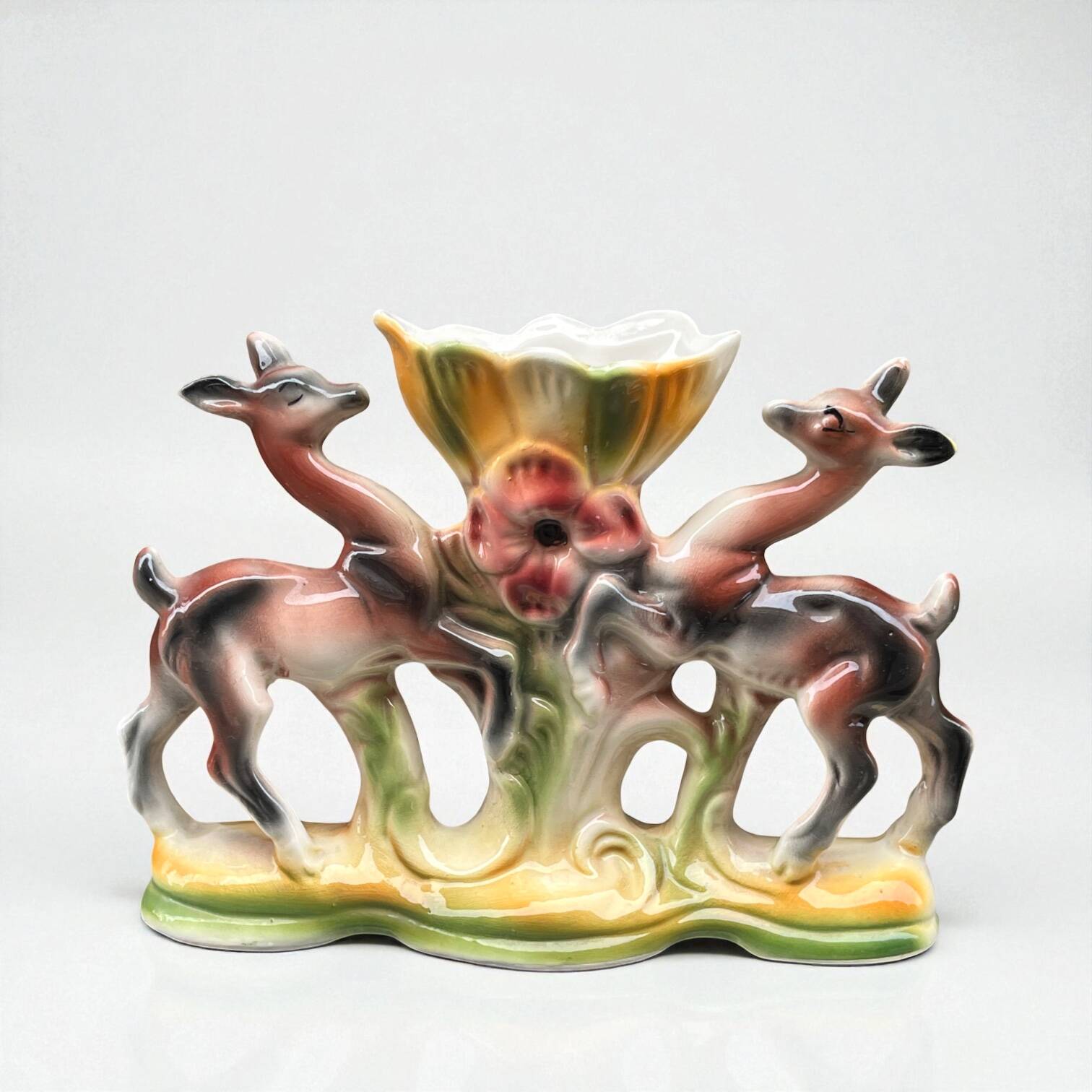 Vintage Italian polychrome ceramic vase with animal motif, deer, and flower (ICAP)
