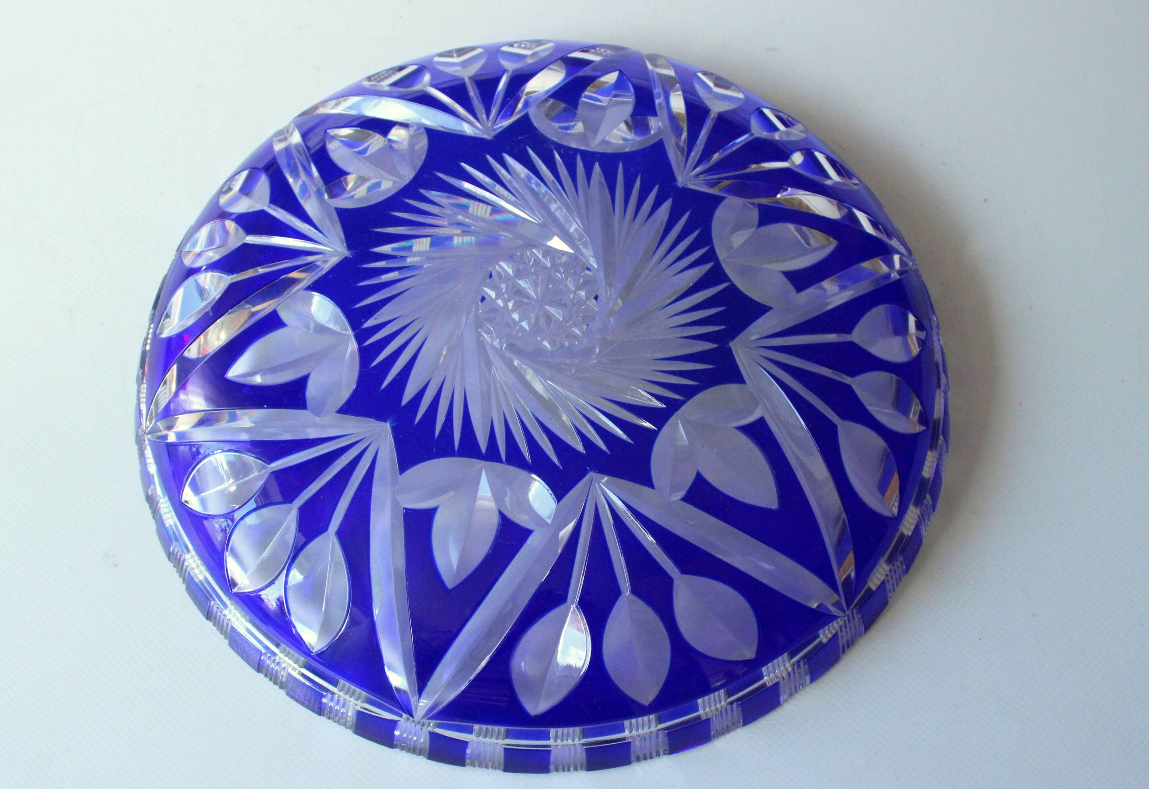 Bohemian crystal glass bowl - cobalt blue  hand cut to clear engraved glass