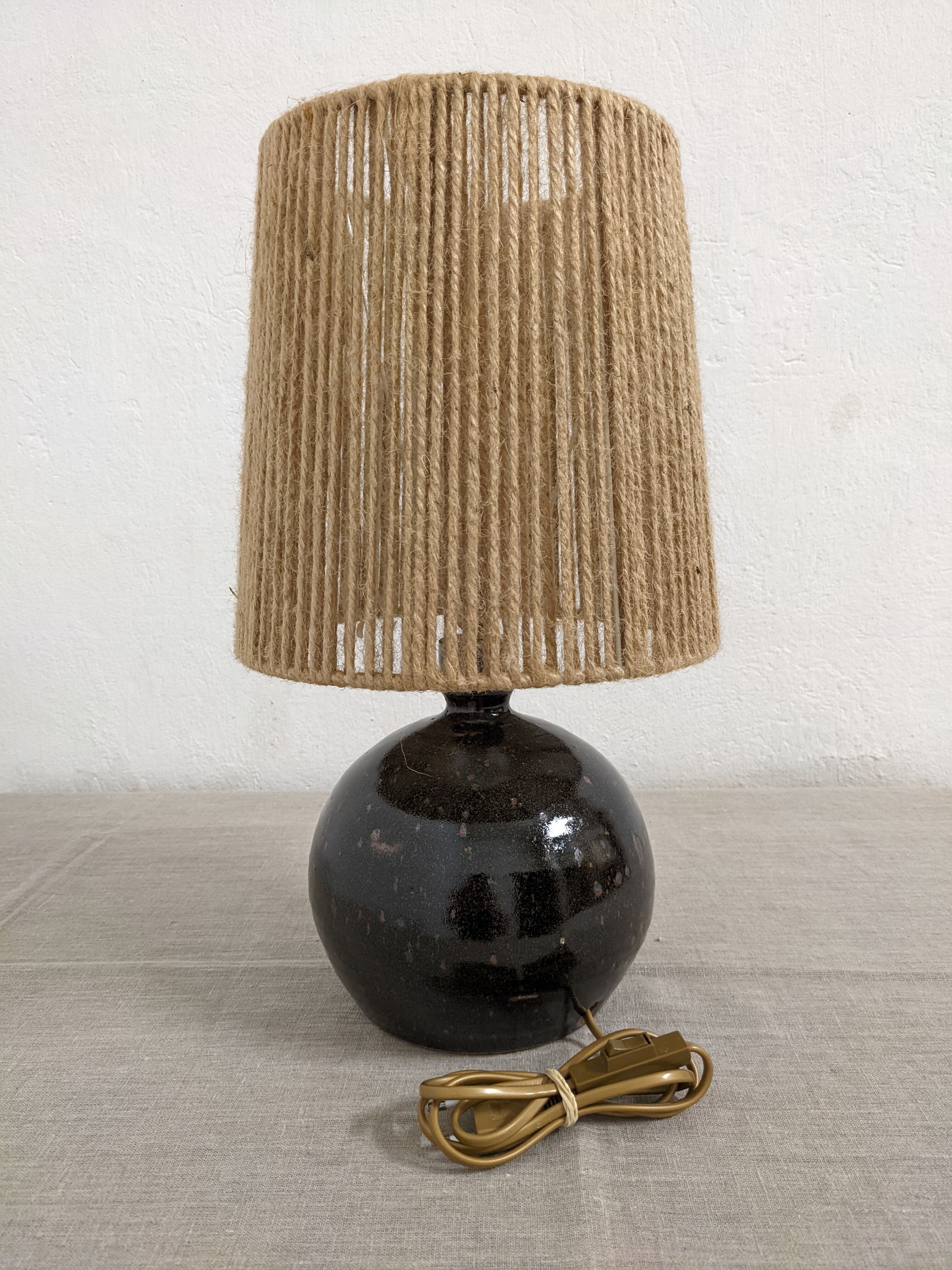 Vintage varnished stoneware lamp and jute rope