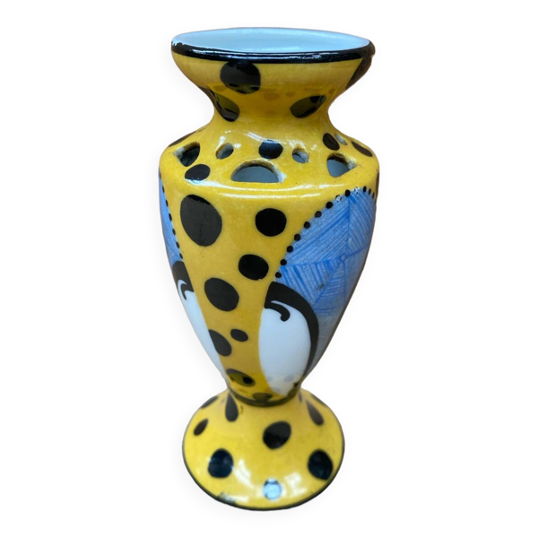 Ancien vase soliflore henri delcourt en céramique jaune & pois vintage