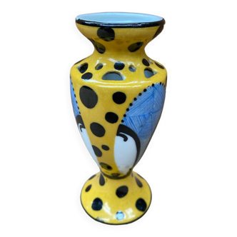 Ancien vase soliflore henri delcourt en céramique jaune & pois vintage
