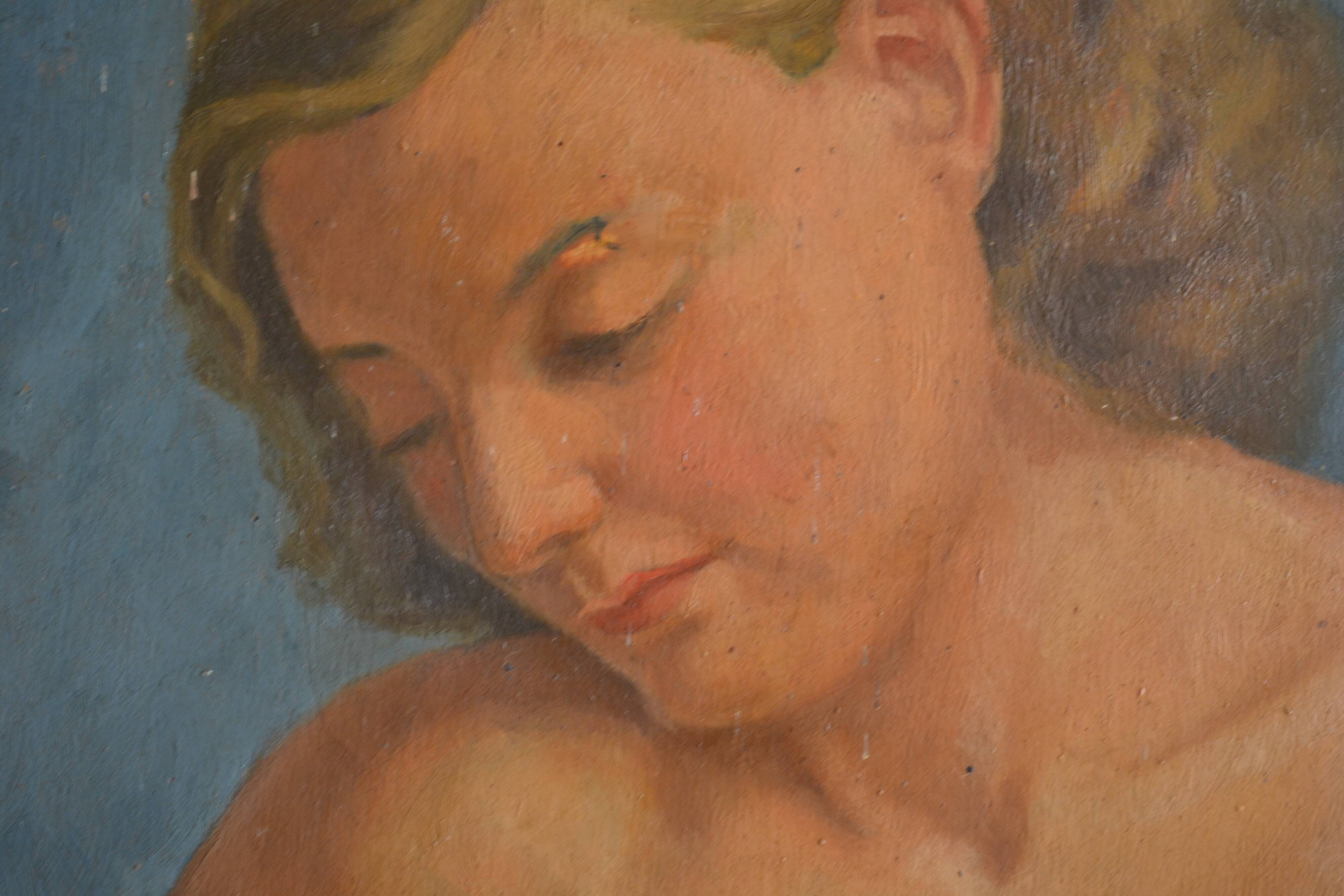Old painting portrait nude woman oil on panel