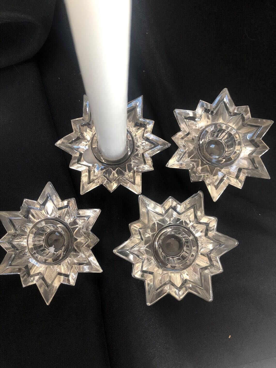 4 molded glass star candle holders