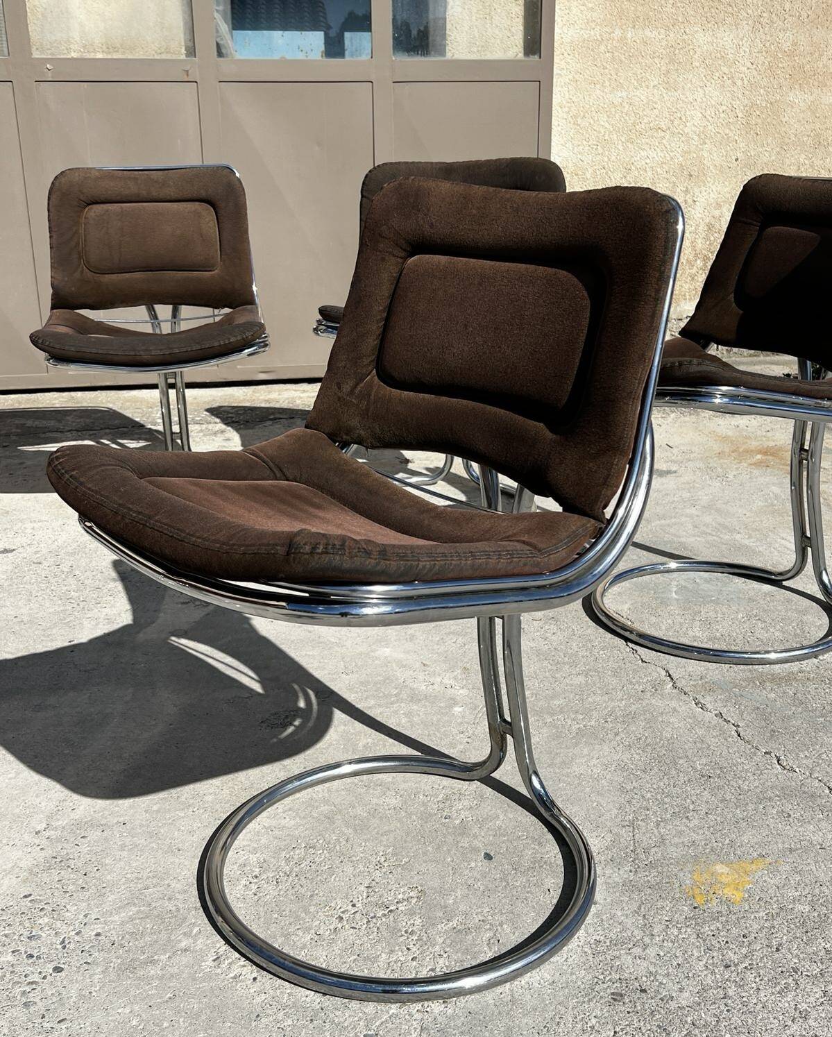 Set of 6 vintage Gastone Rinaldi style chrome steel chairs