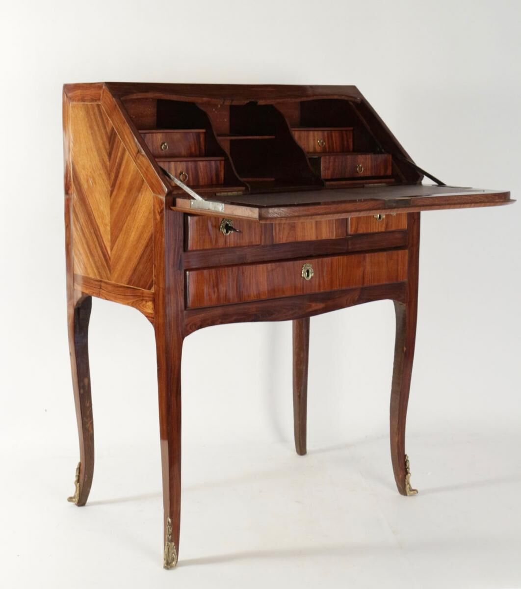 Louis XV style slant-front desk with precious wood veneer, 19th century