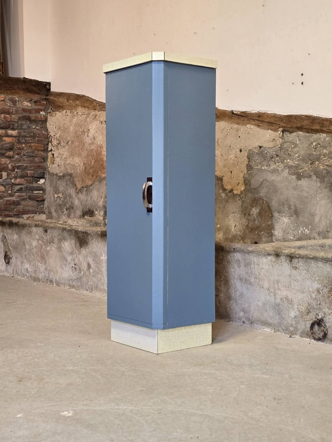 Small Mado 1960 kitchen column unit in yellow formica restyled in blue