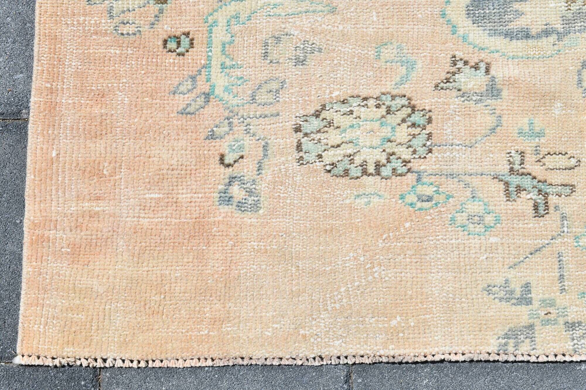 Tapis Oushak Vintage, Laine Turque Beige Pêche & Bleu Délavé, 159x227 Cm