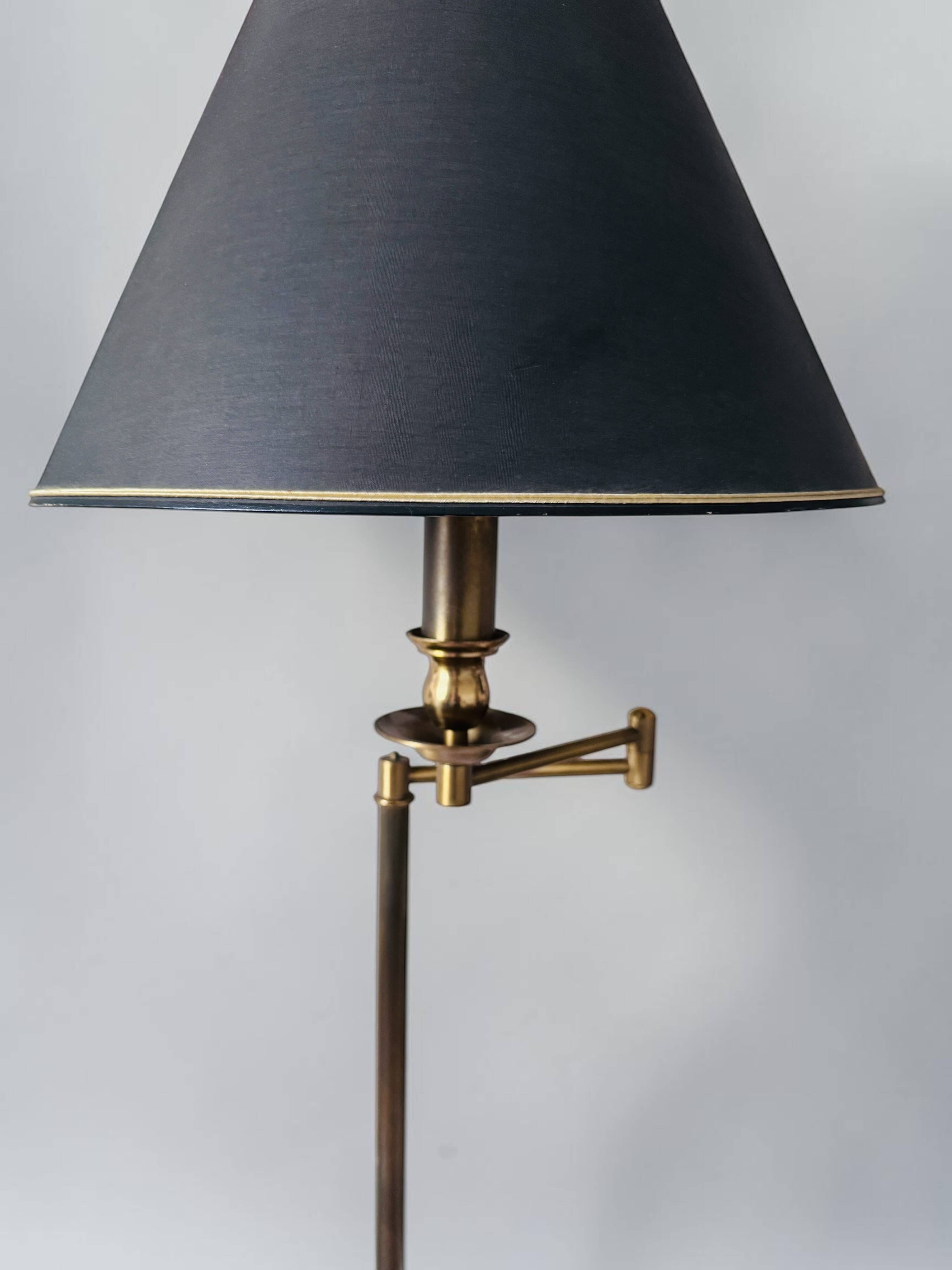 Brass reading floor lamp, adjustable arm, vintage anthracite shade.