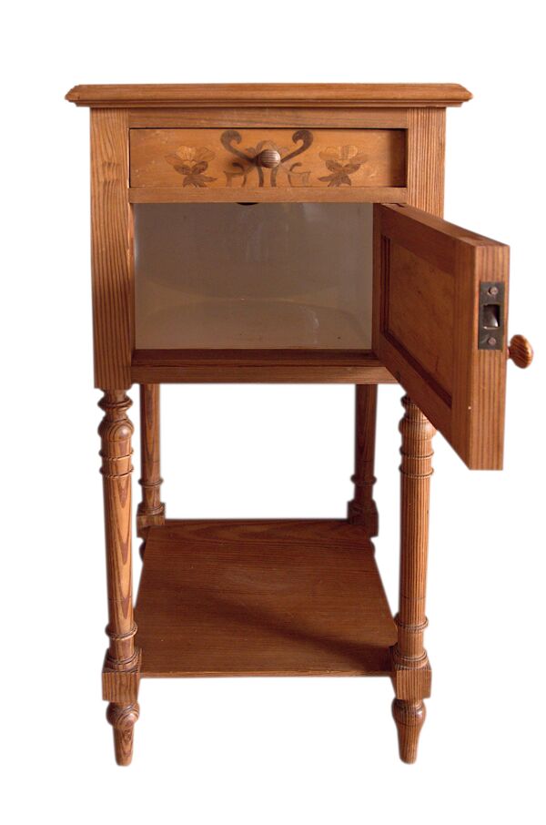 Chevet en pin marqueté et marbre, 37x81cm, années 1940, art-déco, Gallé