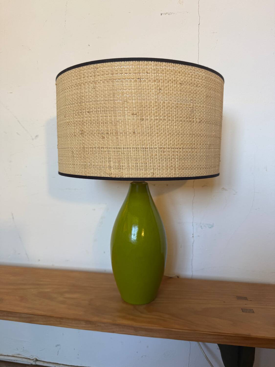 Vintage green glazed ceramic lamp and cane shade