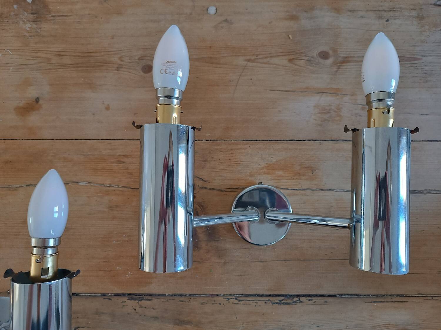 Pair of vintage wall lights in chromed metal and opaline 1970