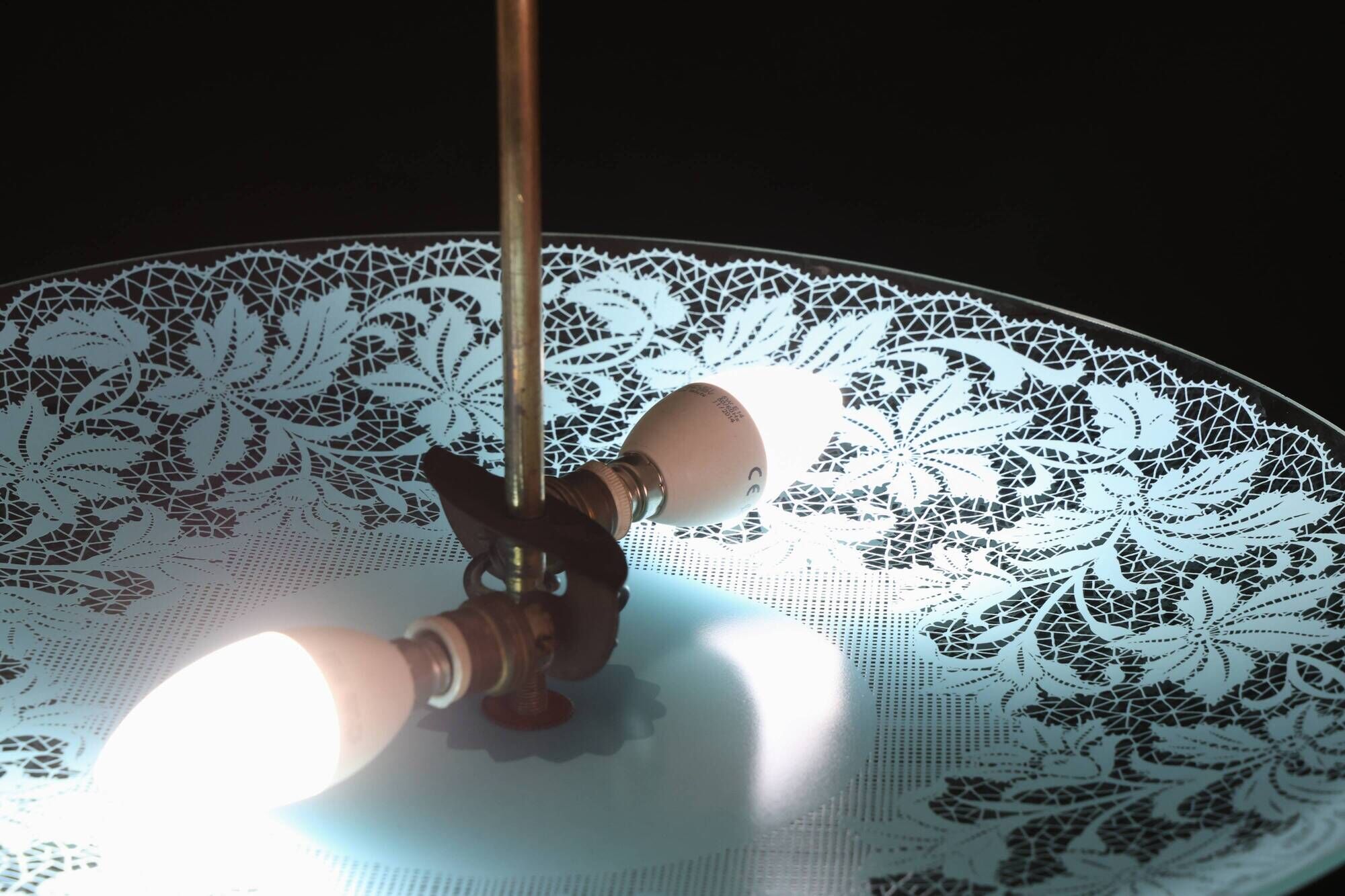 Italian Vintage Floral Glass and Brass Pendant Chandelier, Mid-Century, 2 L