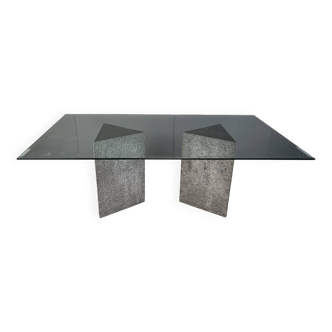 Table à manger vintage brutaliste en verre et marbre, années 1970
