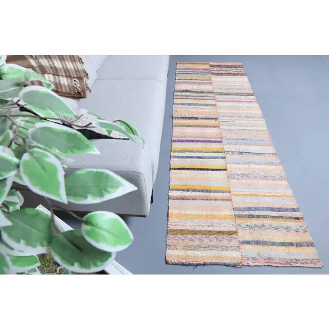 Vintage Turkish hand-knotted wool cotton beige kilim runner rug 85x260