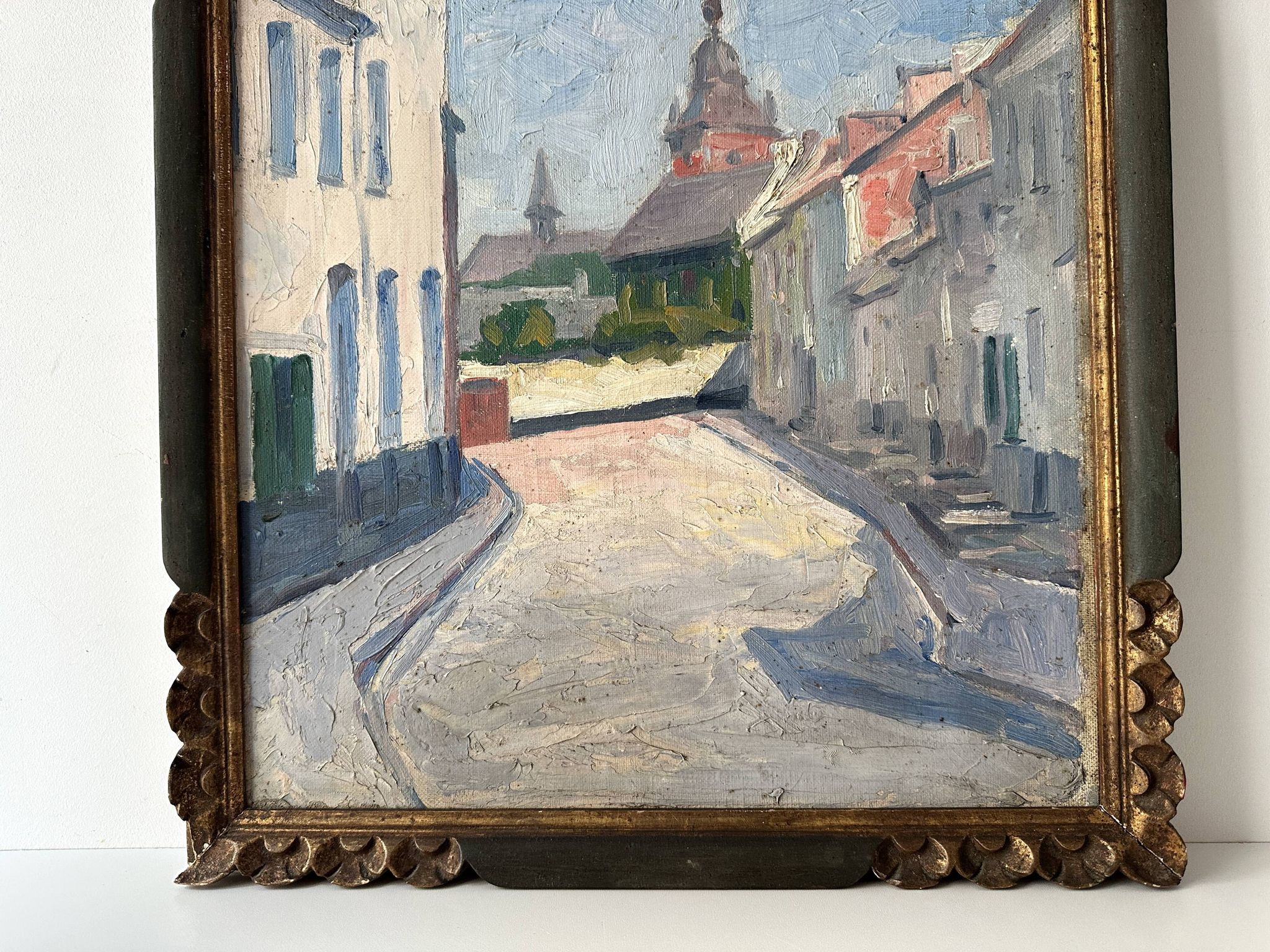 Oil on canvas of a French village "Bavay" 1928, landscape signed and framed.