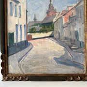 Oil on canvas of a French village "Bavay" 1928, landscape signed and framed.